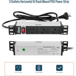 Tecmojo 10 Inch Rack Mount PDU 1U 3 Outlets Power Strip with Reversible Mounting Plate, Power Distribution Unit for 10 Inch Server Cabinet Rack, 2m Power Cord, Double-Break Switch, 10A 250V 50/60HZ