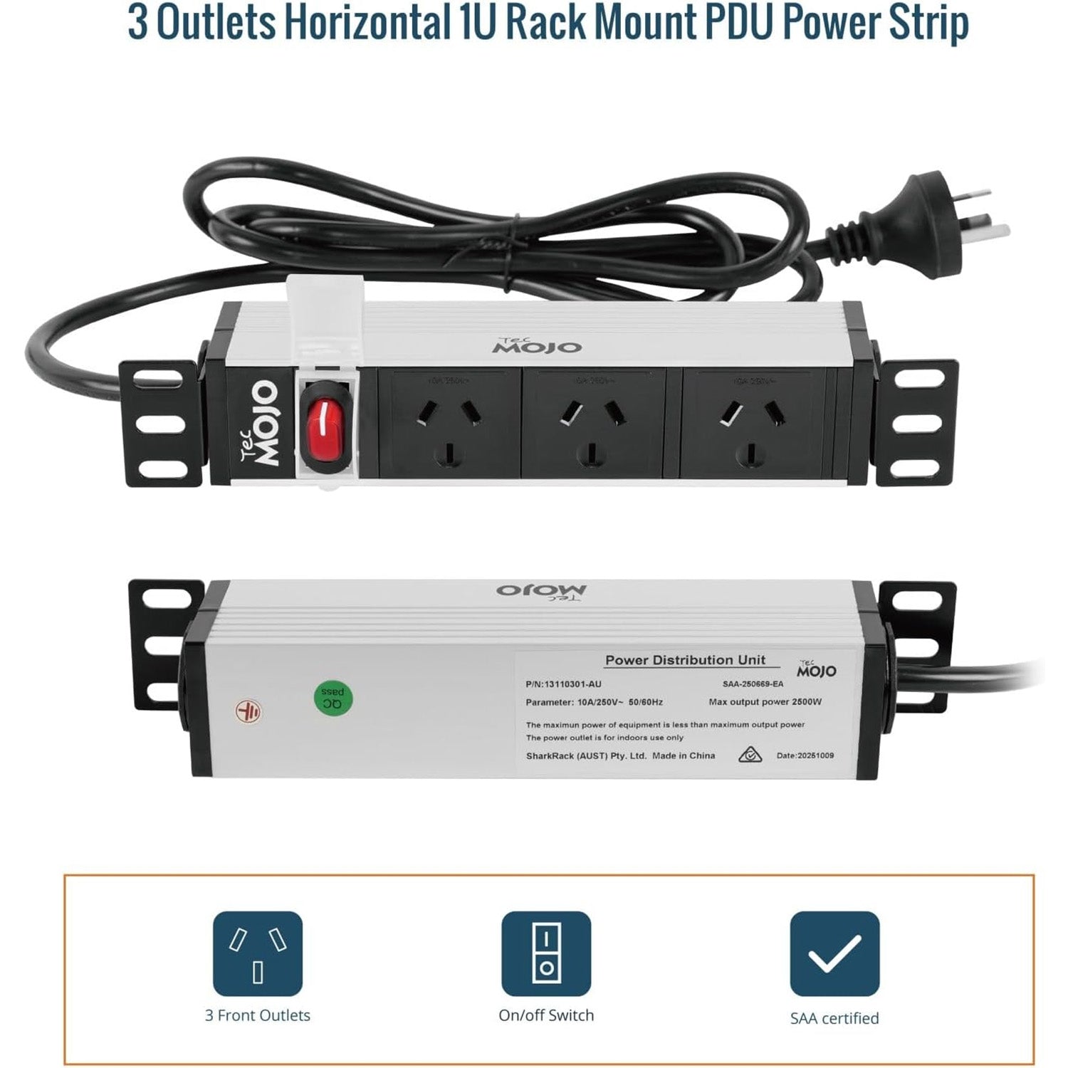 Tecmojo 10 Inch Rack Mount PDU 1U 3 Outlets Power Strip with Reversible Mounting Plate, Power Distribution Unit for 10 Inch Server Cabinet Rack, 2m Power Cord, Double-Break Switch, 10A 250V 50/60HZ