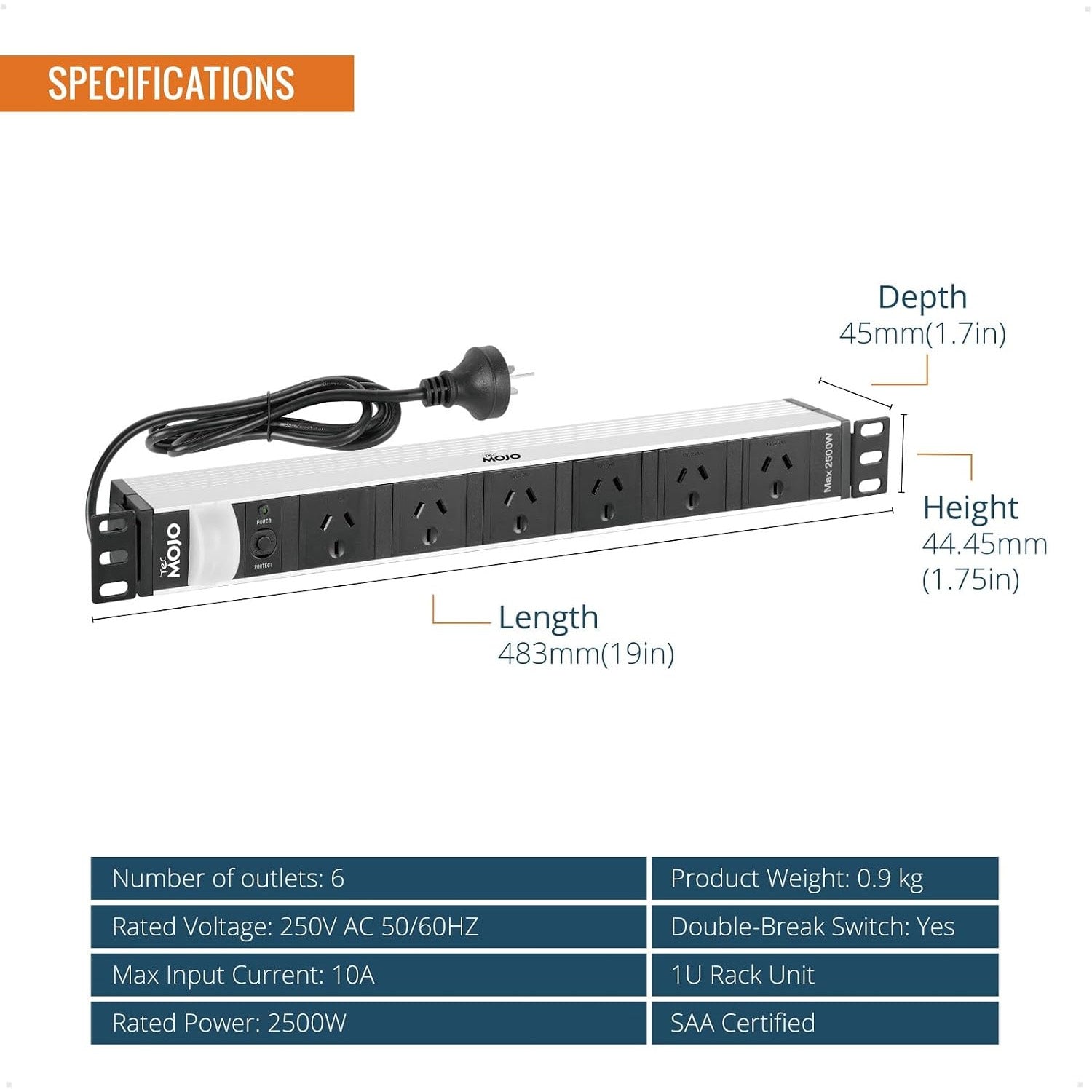 Tecmojo 1U Rack Mount PDU 6 Outlet Power Strip, Power Distribution Unit for 19 Inch Server Cabinet, 2m Power Cord, Double-Break Switch, 10A 250V 50/60HZ, Black