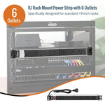 Tecmojo 1U Rack Mount PDU 6 Outlet Power Strip, Power Distribution Unit for 19 Inch Server Cabinet, 2m Power Cord, Double-Break Switch, 10A 250V 50/60HZ, Black