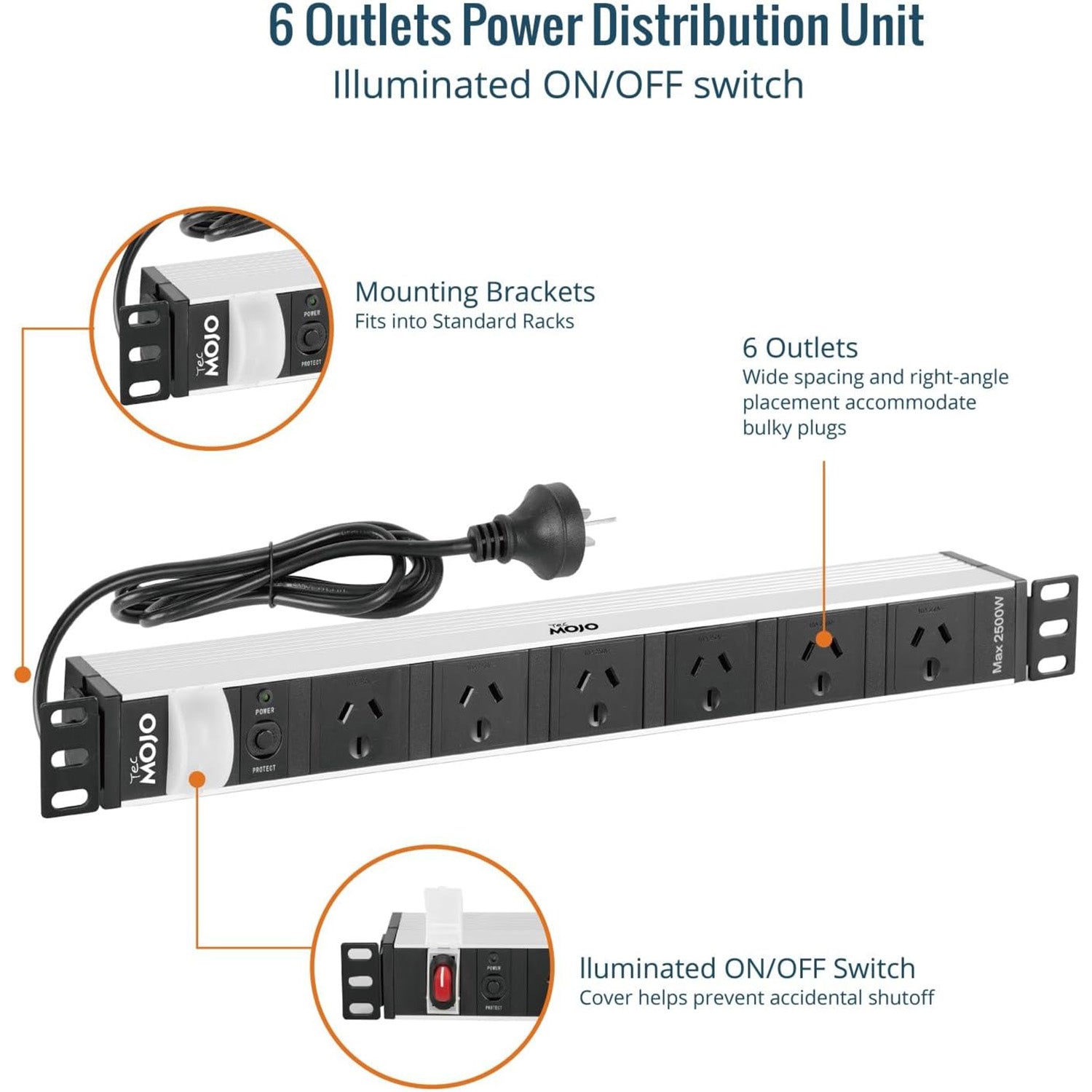 Tecmojo 1U Rack Mount PDU 6 Outlet Power Strip, Power Distribution Unit for 19 Inch Server Cabinet, 2m Power Cord, Double-Break Switch, 10A 250V 50/60HZ, Black
