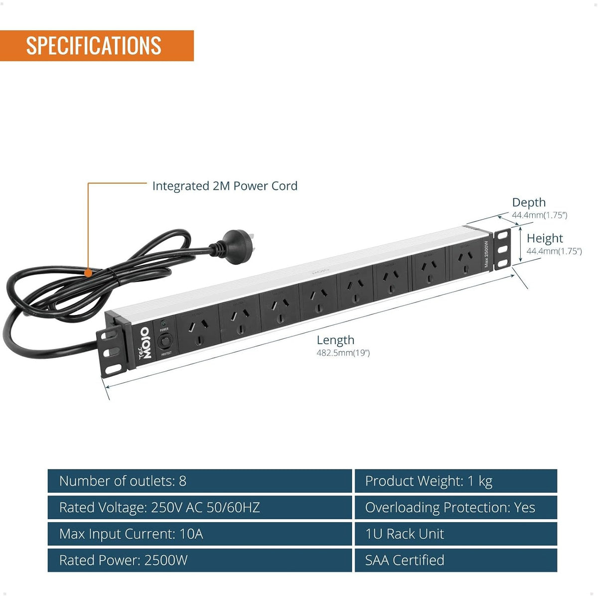 Tecmojo 1U Rack Mount PDU 8 Outlet Power Strip, Power Distribution Unit for 19 Inch Server Cabinet, 2m Power Cord, Overload Protection, 10A 250V 50/60HZ, Black