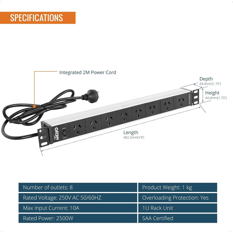 Tecmojo 1U Rack Mount PDU 8 Outlet Power Strip, Power Distribution Unit for 19 Inch Server Cabinet, 2m Power Cord, Overload Protection, 10A 250V 50/60HZ, Black