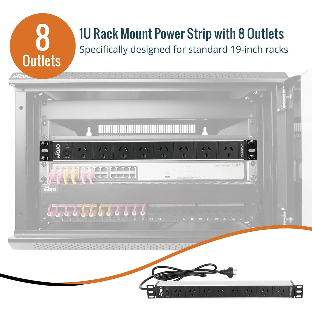 Tecmojo 1U Rack Mount PDU 8 Outlet Power Strip, Power Distribution Unit for 19 Inch Server Cabinet, 2m Power Cord, Overload Protection, 10A 250V 50/60HZ, Black
