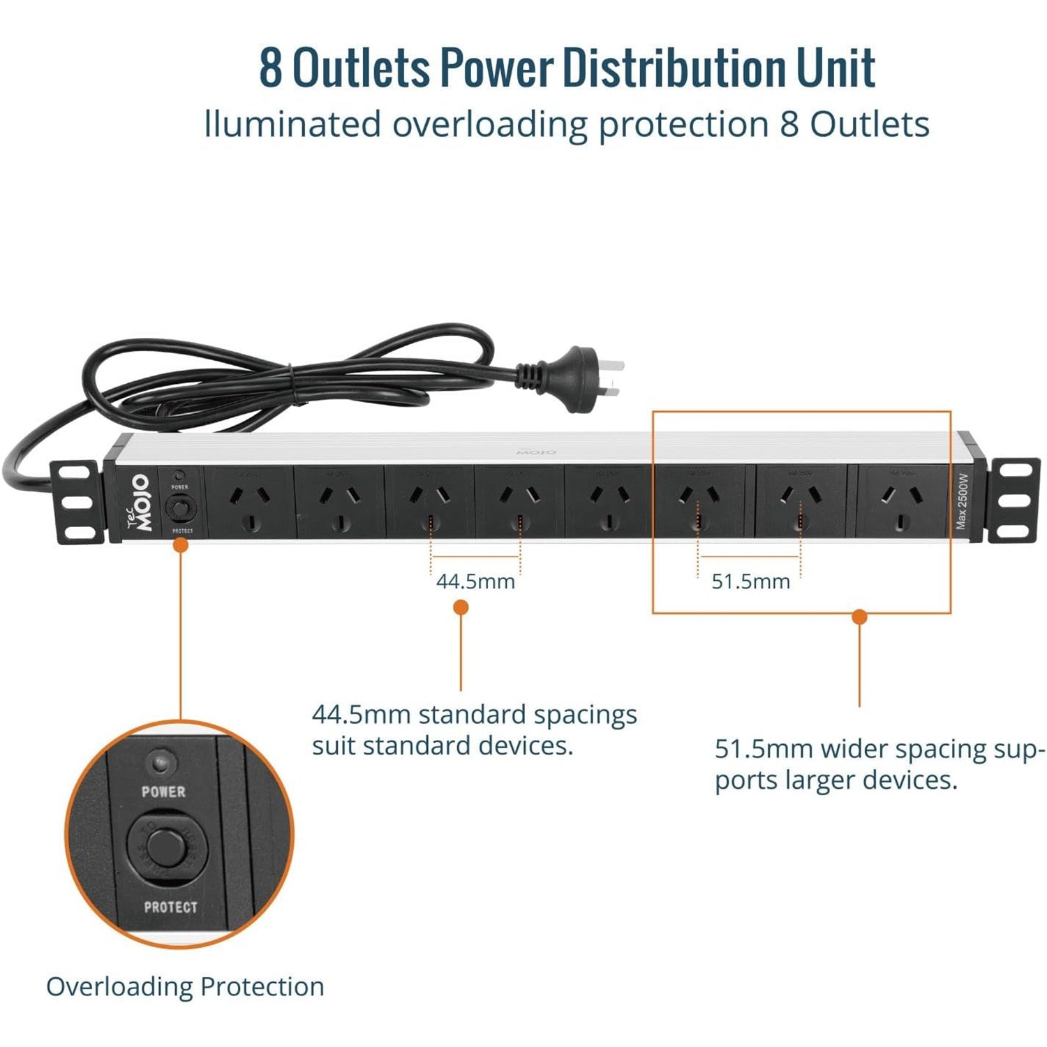 Tecmojo 1U Rack Mount PDU 8 Outlet Power Strip, Power Distribution Unit for 19 Inch Server Cabinet, 2m Power Cord, Overload Protection, 10A 250V 50/60HZ, Black