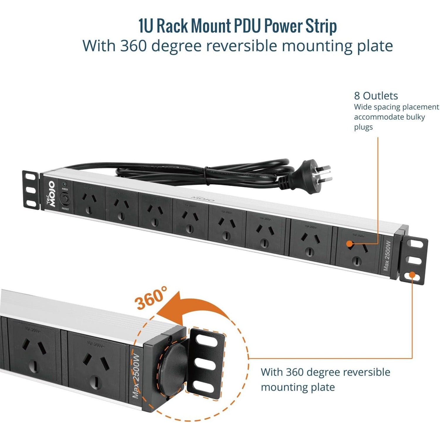 Tecmojo 1U Rack Mount PDU 8 Outlet Power Strip, Power Distribution Unit for 19 Inch Server Cabinet, 2m Power Cord, Overload Protection, 10A 250V 50/60HZ, Black