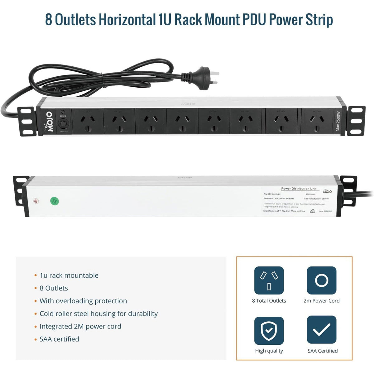 Tecmojo 1U Rack Mount PDU 8 Outlet Power Strip, Power Distribution Unit for 19 Inch Server Cabinet, 2m Power Cord, Overload Protection, 10A 250V 50/60HZ, Black