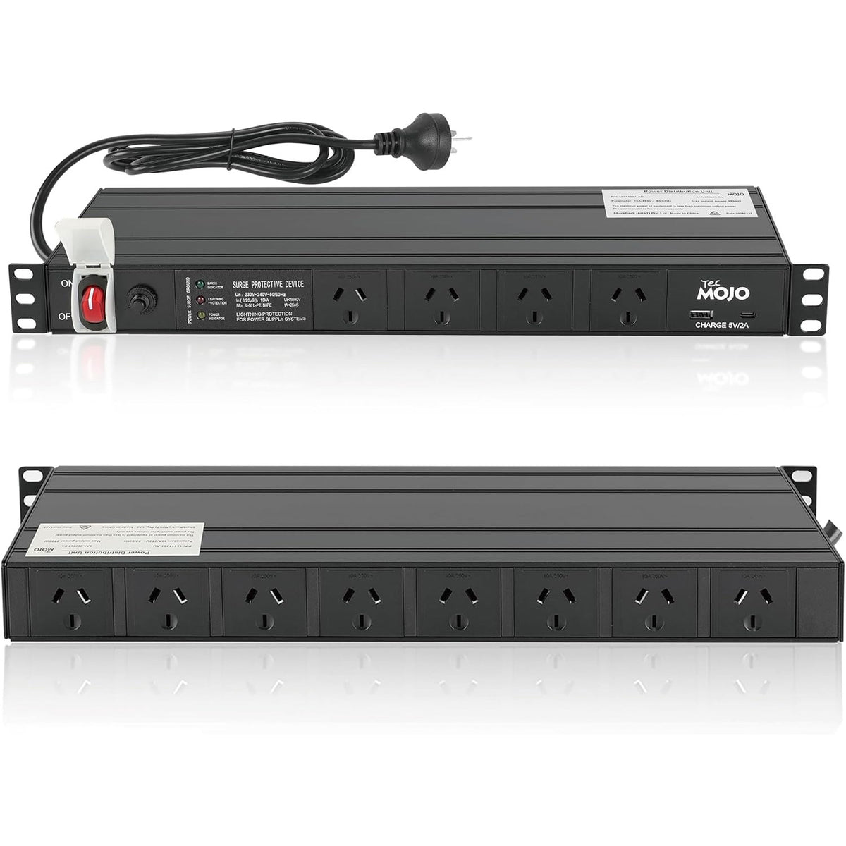Tecmojo 12 Outlet Rack Mount PDU with Surge Protection 1U Power Distribution Unit with 1 USB and 1 Type-C Charging Ports Power Strip with Overload Protection and Switch for 19'' Equipment, 10A 250V