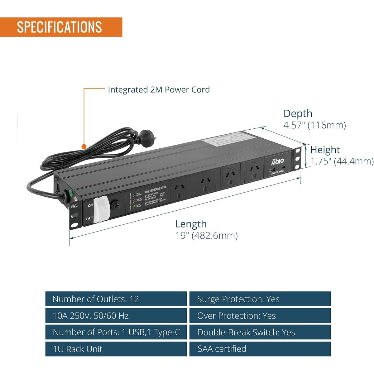 Tecmojo 12 Outlet Rack Mount PDU with Surge Protection 1U Power Distribution Unit with 1 USB and 1 Type-C Charging Ports Power Strip with Overload Protection and Switch for 19'' Equipment, 10A 250V