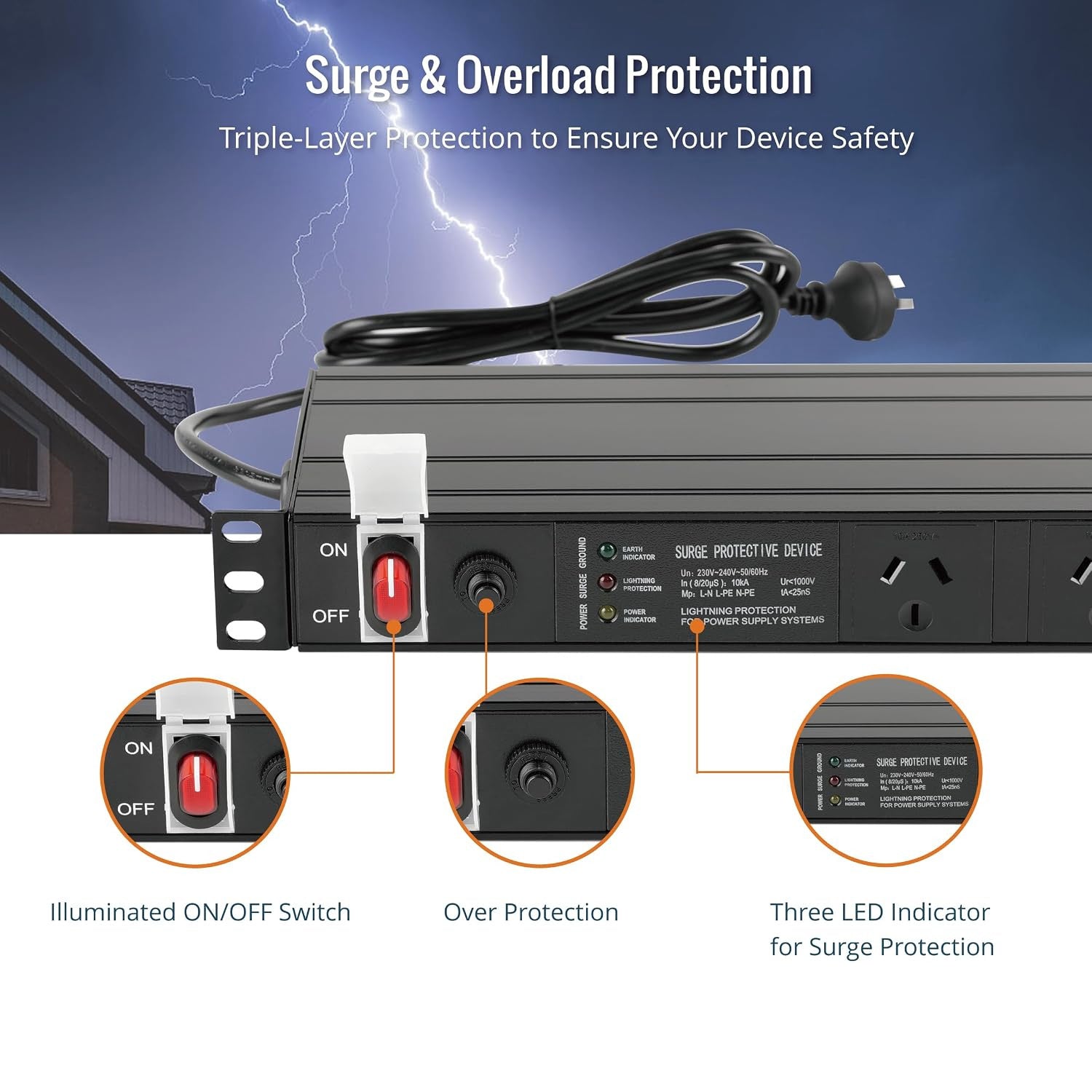 Tecmojo 12 Outlet Rack Mount PDU with Surge Protection 1U Power Distribution Unit with 1 USB and 1 Type-C Charging Ports Power Strip with Overload Protection and Switch for 19'' Equipment, 10A 250V