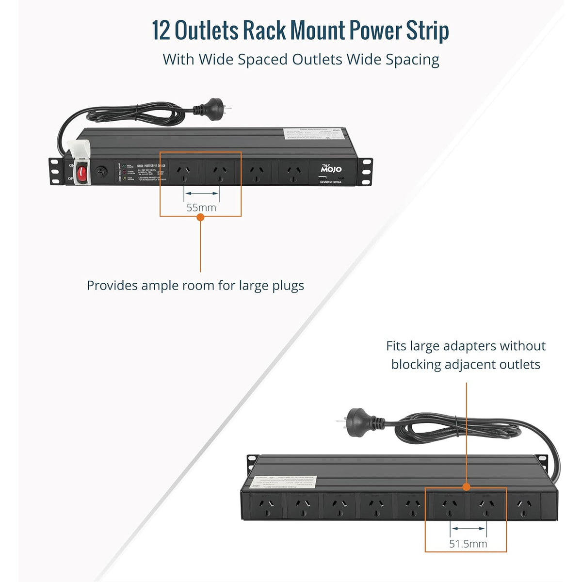Tecmojo 12 Outlet Rack Mount PDU with Surge Protection 1U Power Distribution Unit with 1 USB and 1 Type-C Charging Ports Power Strip with Overload Protection and Switch for 19'' Equipment, 10A 250V