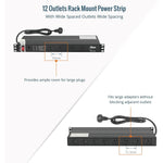 Tecmojo 12 Outlet Rack Mount PDU with Surge Protection 1U Power Distribution Unit with 1 USB and 1 Type-C Charging Ports Power Strip with Overload Protection and Switch for 19'' Equipment, 10A 250V