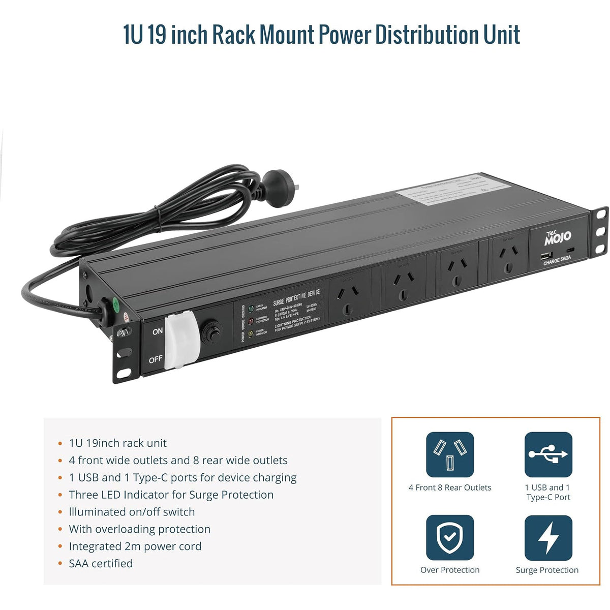 Tecmojo 12 Outlet Rack Mount PDU with Surge Protection 1U Power Distribution Unit with 1 USB and 1 Type-C Charging Ports Power Strip with Overload Protection and Switch for 19'' Equipment, 10A 250V