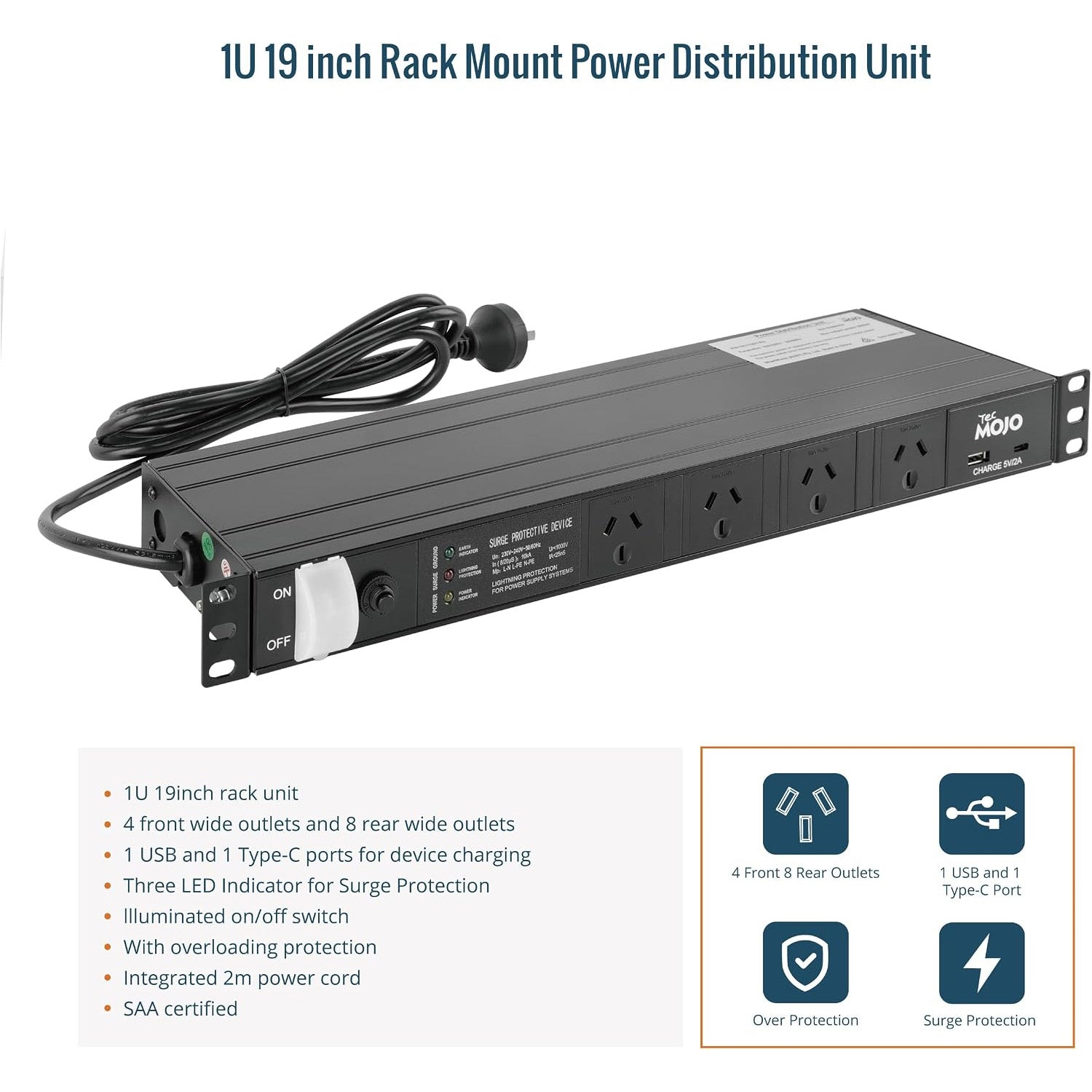 Tecmojo 12 Outlet Rack Mount PDU with Surge Protection 1U Power Distribution Unit with 1 USB and 1 Type-C Charging Ports Power Strip with Overload Protection and Switch for 19'' Equipment, 10A 250V