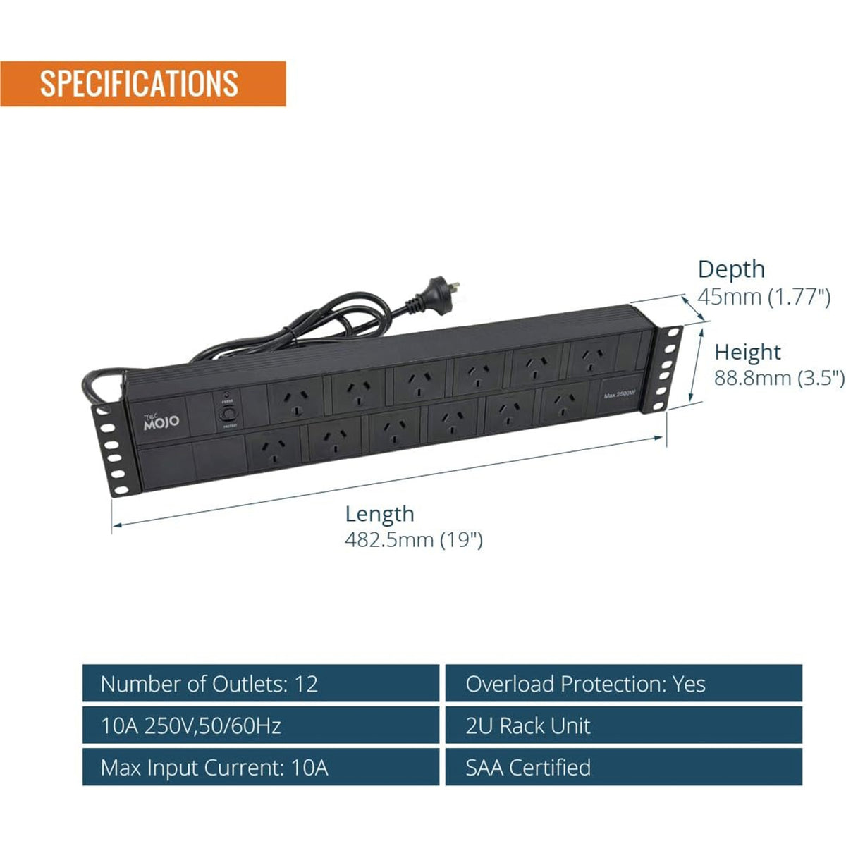 Tecmojo 2U Rack Mount PDU 12 Outlet Power Strip with Overload Protection, Power Distribution Unit for 19 Inch Server Cabinet, 2m Power Cord, 10A 250V 50/60HZ, Black