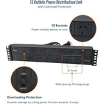 Tecmojo 2U Rack Mount PDU 12 Outlet Power Strip with Overload Protection, Power Distribution Unit for 19 Inch Server Cabinet, 2m Power Cord, 10A 250V 50/60HZ, Black