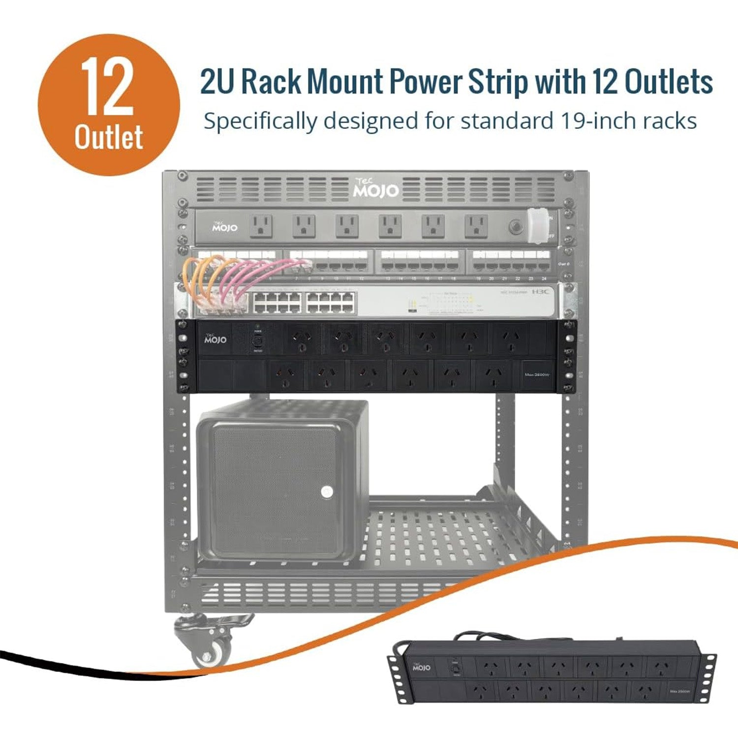 Tecmojo 2U Rack Mount PDU 12 Outlet Power Strip with Overload Protection, Power Distribution Unit for 19 Inch Server Cabinet, 2m Power Cord, 10A 250V 50/60HZ, Black