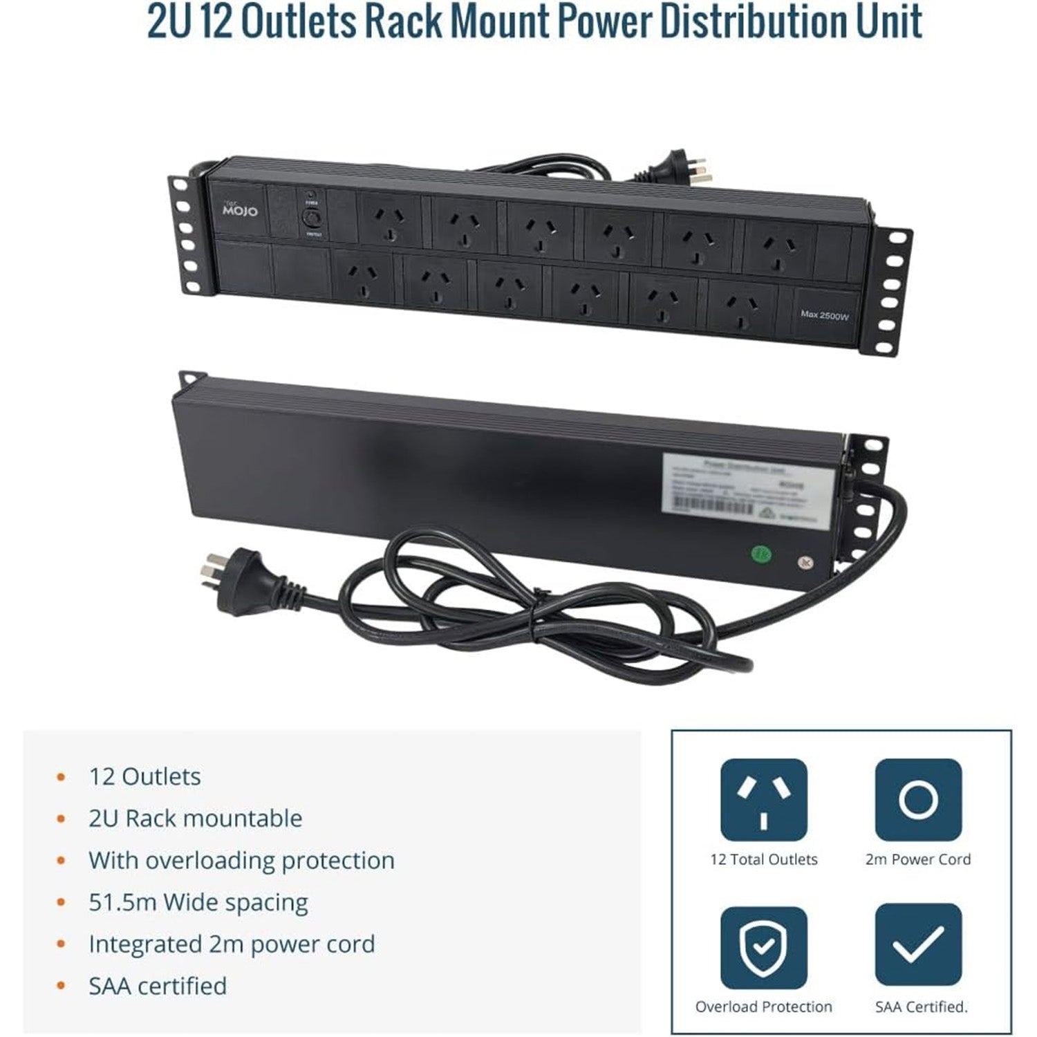 Tecmojo 2U Rack Mount PDU 12 Outlet Power Strip with Overload Protection, Power Distribution Unit for 19 Inch Server Cabinet, 2m Power Cord, 10A 250V 50/60HZ, Black