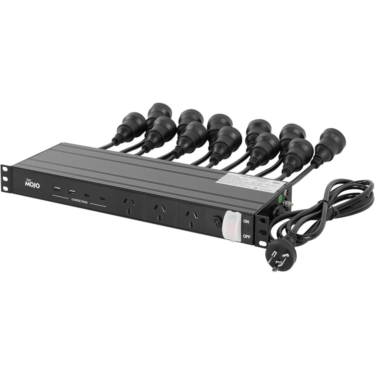 Tecmojo 1U Rack Mount PDU 15 Outlet Power Distribution Unit with 2 USB and 2 Type-C Charging Ports Horizontal Power Strip with Overload Protection and Switch for 19 inch Equipment, 10A 250V