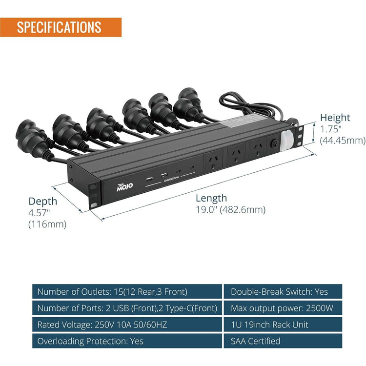 Tecmojo 1U Rack Mount PDU 15 Outlet Power Distribution Unit with 2 USB and 2 Type-C Charging Ports Horizontal Power Strip with Overload Protection and Switch for 19 inch Equipment, 10A 250V