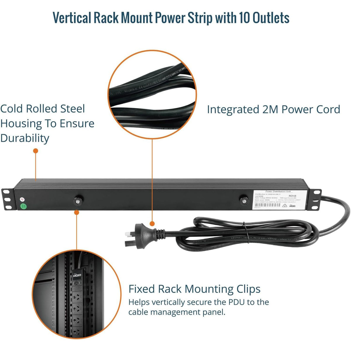 Tecmojo Vertical PDU Power Strip, 10 Outlets Rack Mount Power Distribution Unit for Server Cabinet, 10A Power Plug with 2m Power Cord, Overload Protection, 250V 50/60HZ, Black