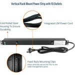 Tecmojo Vertical PDU Power Strip, 10 Outlets Rack Mount Power Distribution Unit for Server Cabinet, 10A Power Plug with 2m Power Cord, Overload Protection, 250V 50/60HZ, Black