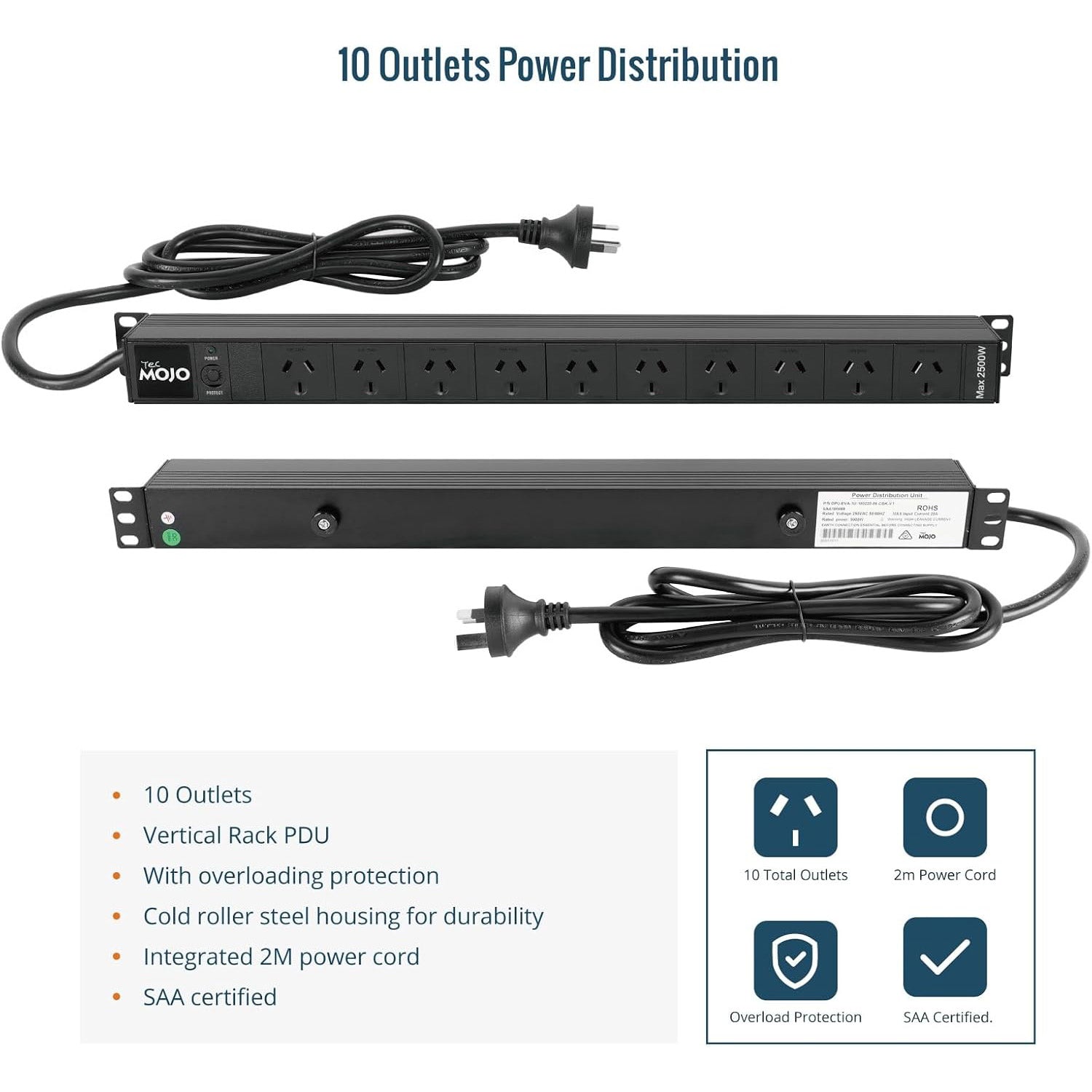 Tecmojo Vertical PDU Power Strip, 10 Outlets Rack Mount Power Distribution Unit for Server Cabinet, 10A Power Plug with 2m Power Cord, Overload Protection, 250V 50/60HZ, Black