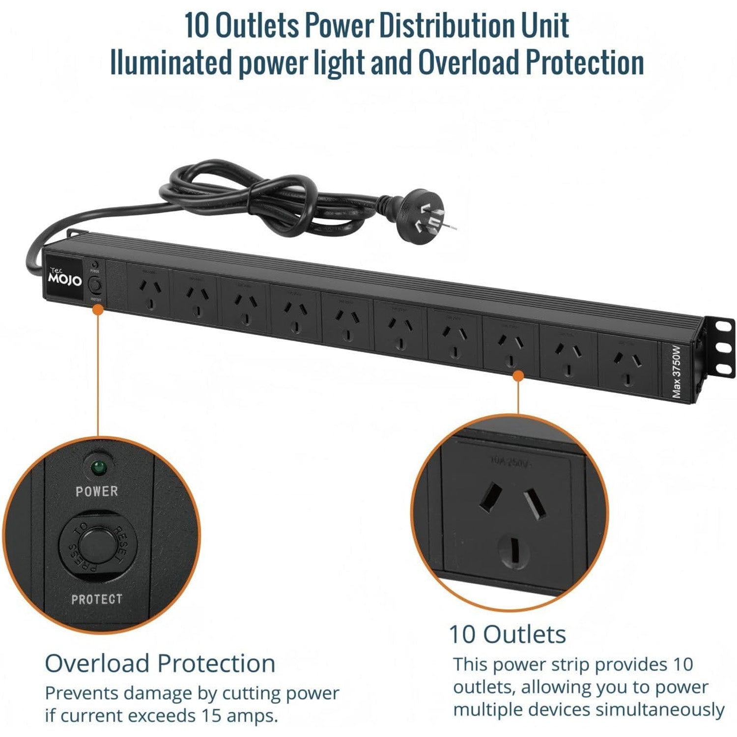 Tecmojo Vertical PDU Power Strip, 10 Outlets Rack Mount Power Distribution Unit for Server Cabinet, 15A Power Plug with 2m Power Cord, Overload Protection, 250V 50/60HZ, Black