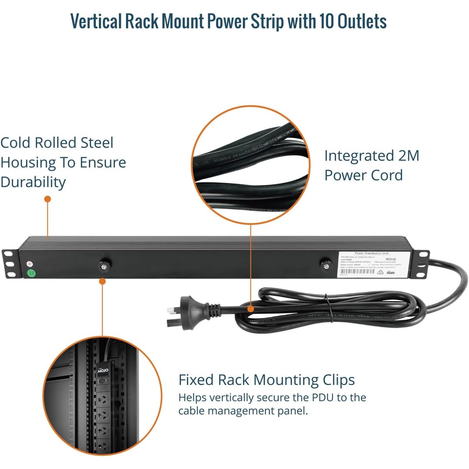 Tecmojo Vertical PDU Power Strip, 10 Outlets Rack Mount Power Distribution Unit for Server Cabinet, 15A Power Plug with 2m Power Cord, Overload Protection, 250V 50/60HZ, Black