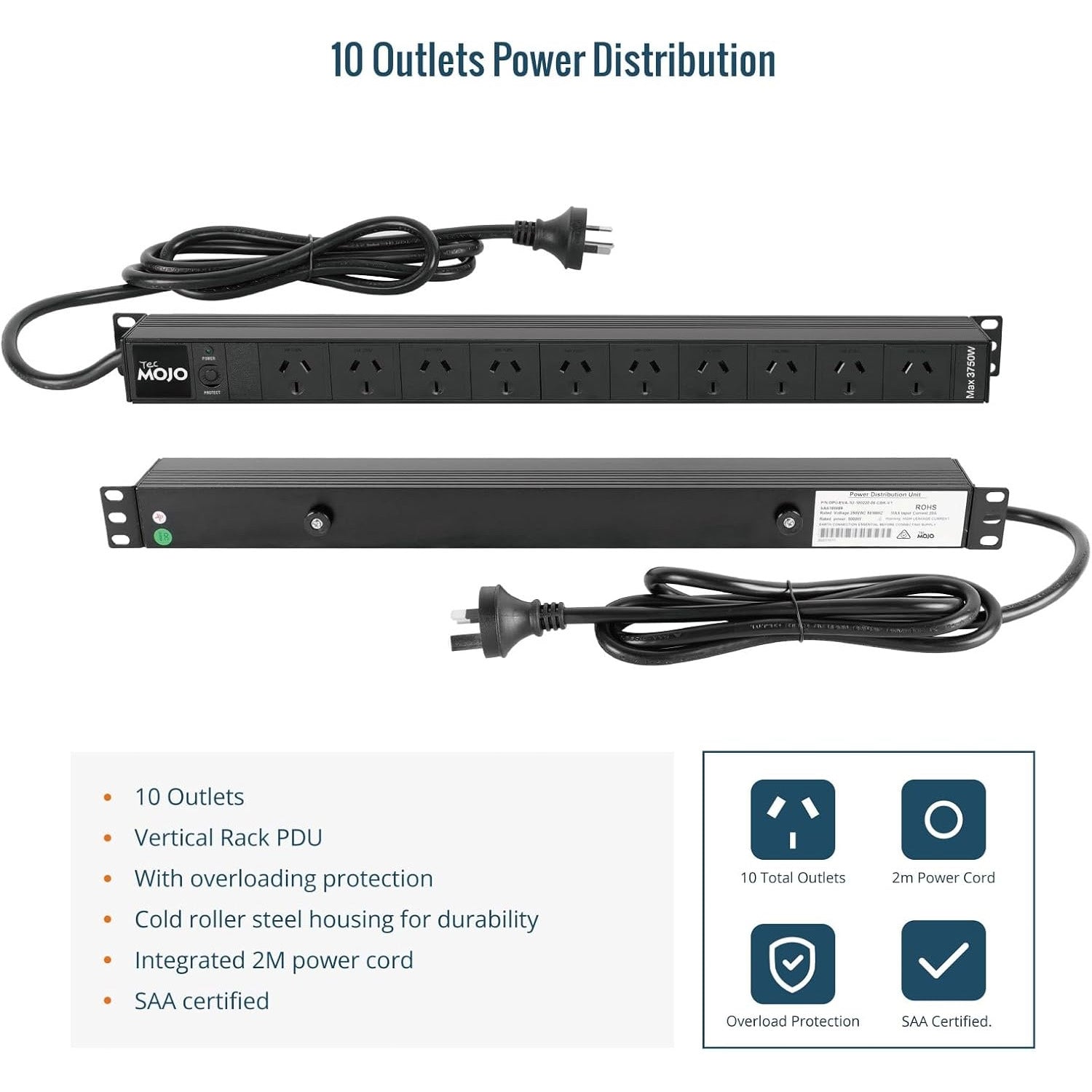 Tecmojo Vertical PDU Power Strip, 10 Outlets Rack Mount Power Distribution Unit for Server Cabinet, 15A Power Plug with 2m Power Cord, Overload Protection, 250V 50/60HZ, Black