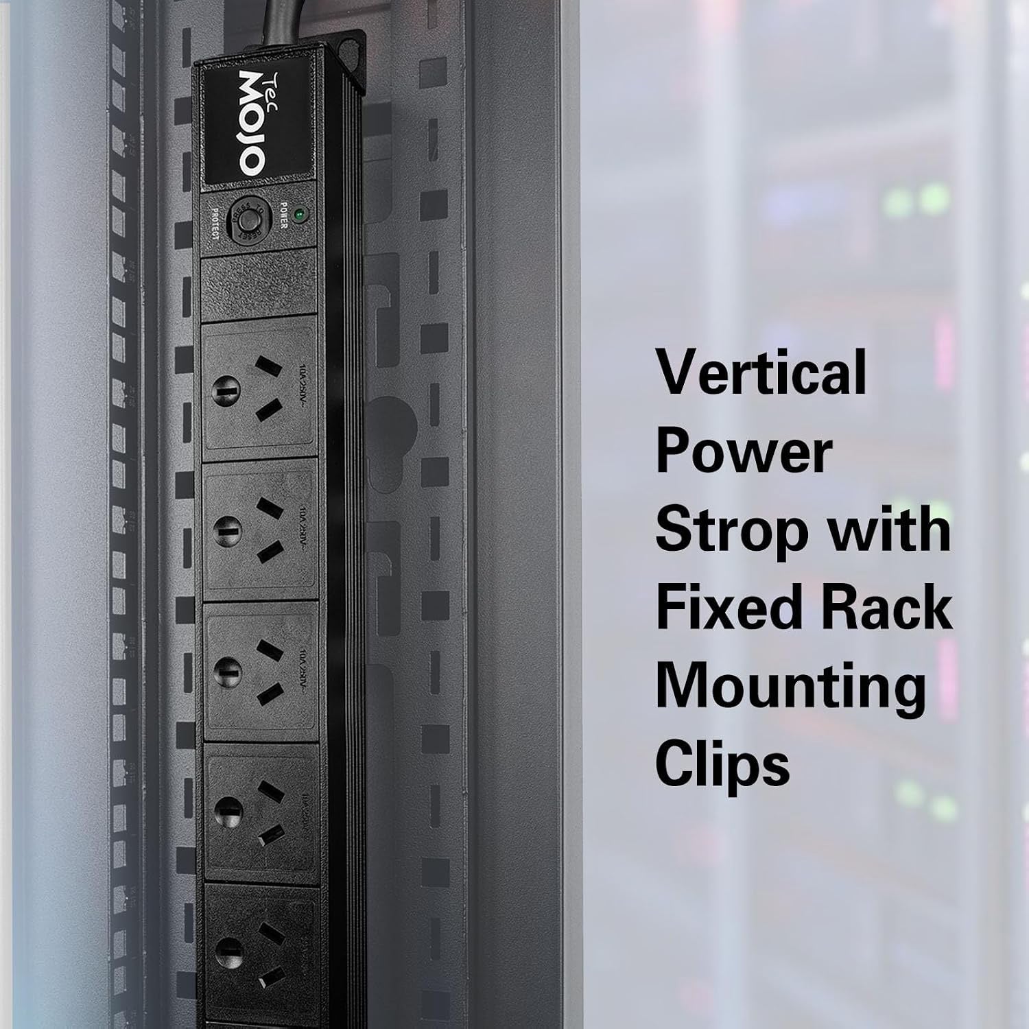 Tecmojo Vertical PDU Power Strip, 10 Outlets Rack Mount Power Distribution Unit for Server Cabinet, 15A Power Plug with 2m Power Cord, Overload Protection, 250V 50/60HZ, Black