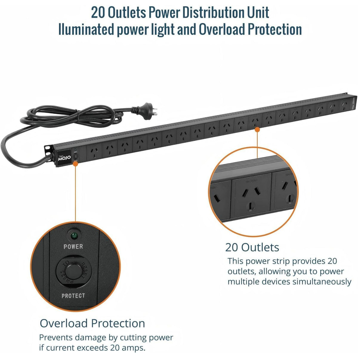 Tecmojo Vertical PDU Power Strip, 20 Outlets Rack Mount Power Distribution Unit for Server Cabinet, 10A Power Plug with 2m Power Cord, Overload Protection, 250V 50/60HZ