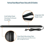 Tecmojo Vertical PDU Power Strip, 20 Outlets Rack Mount Power Distribution Unit for Server Cabinet, 10A Power Plug with 2m Power Cord, Overload Protection, 250V 50/60HZ
