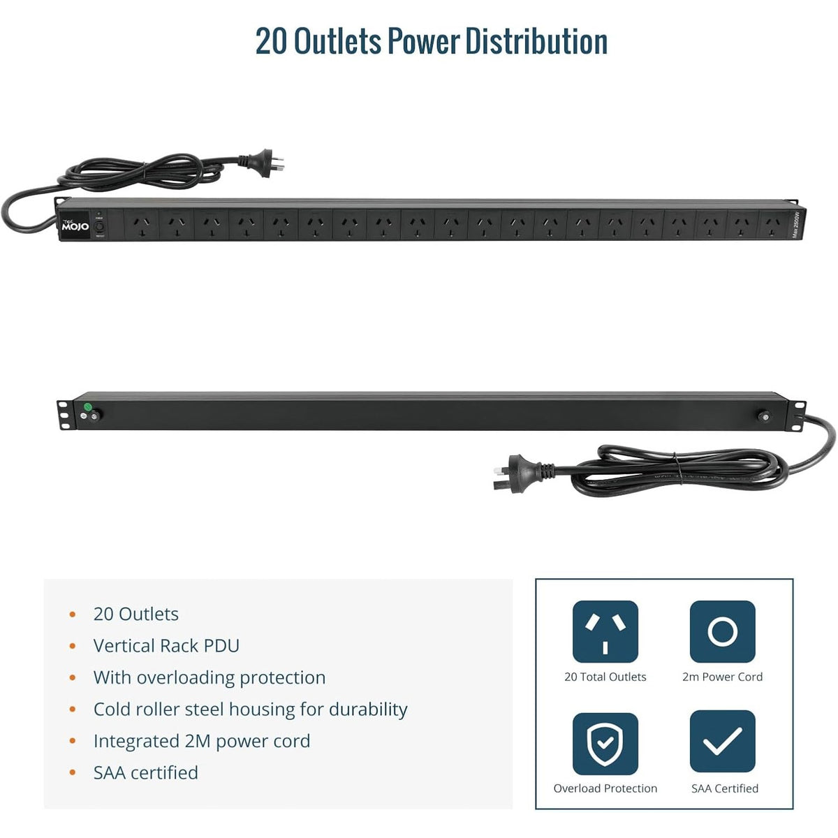 Tecmojo Vertical PDU Power Strip, 20 Outlets Rack Mount Power Distribution Unit for Server Cabinet, 10A Power Plug with 2m Power Cord, Overload Protection, 250V 50/60HZ