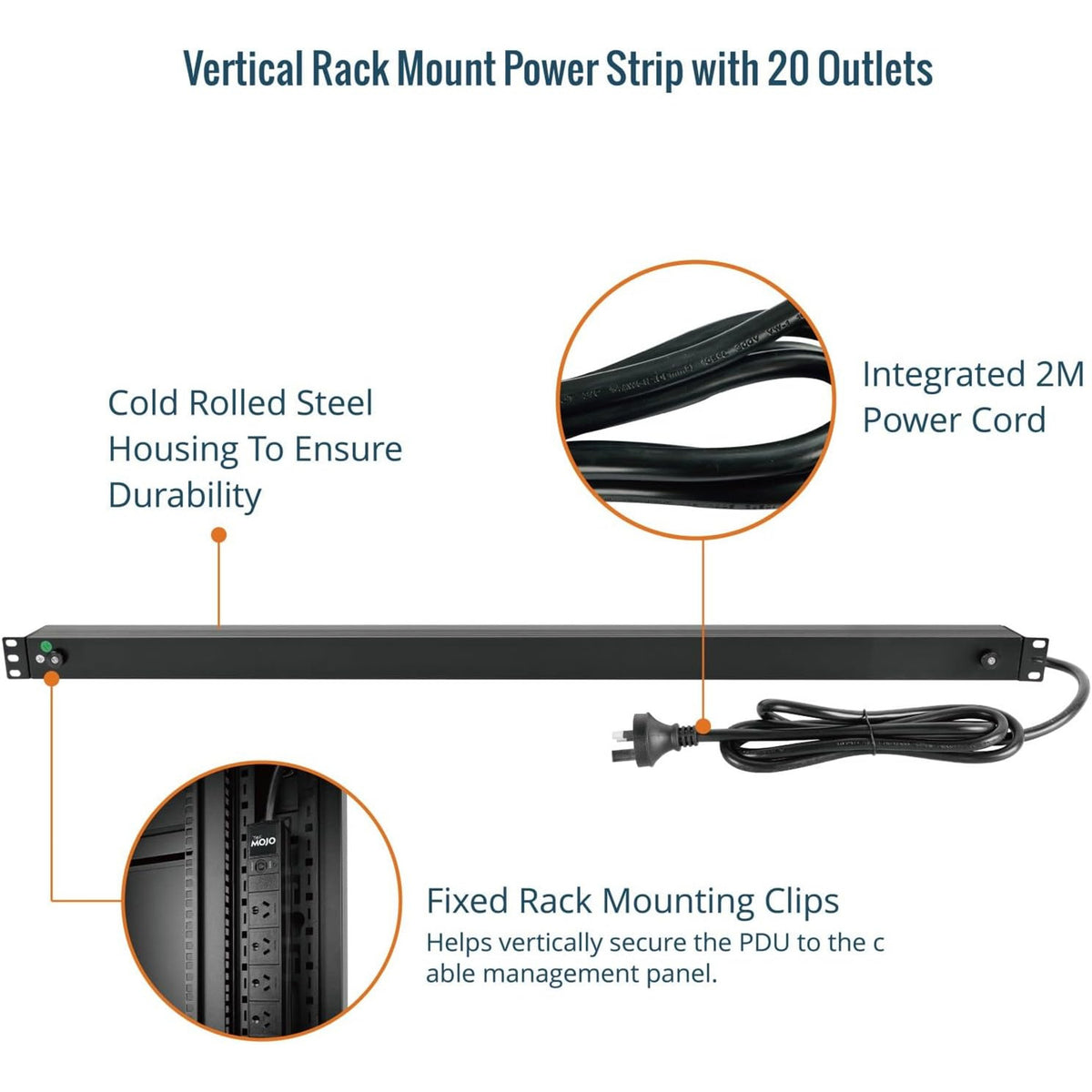Tecmojo Vertical PDU Power Strip, 20 Outlets Rack Mount Power Distribution Unit for Server Cabinet, 15A Power Plug with 2m Power Cord, Overload Protection, 250V 50/60HZ, Black