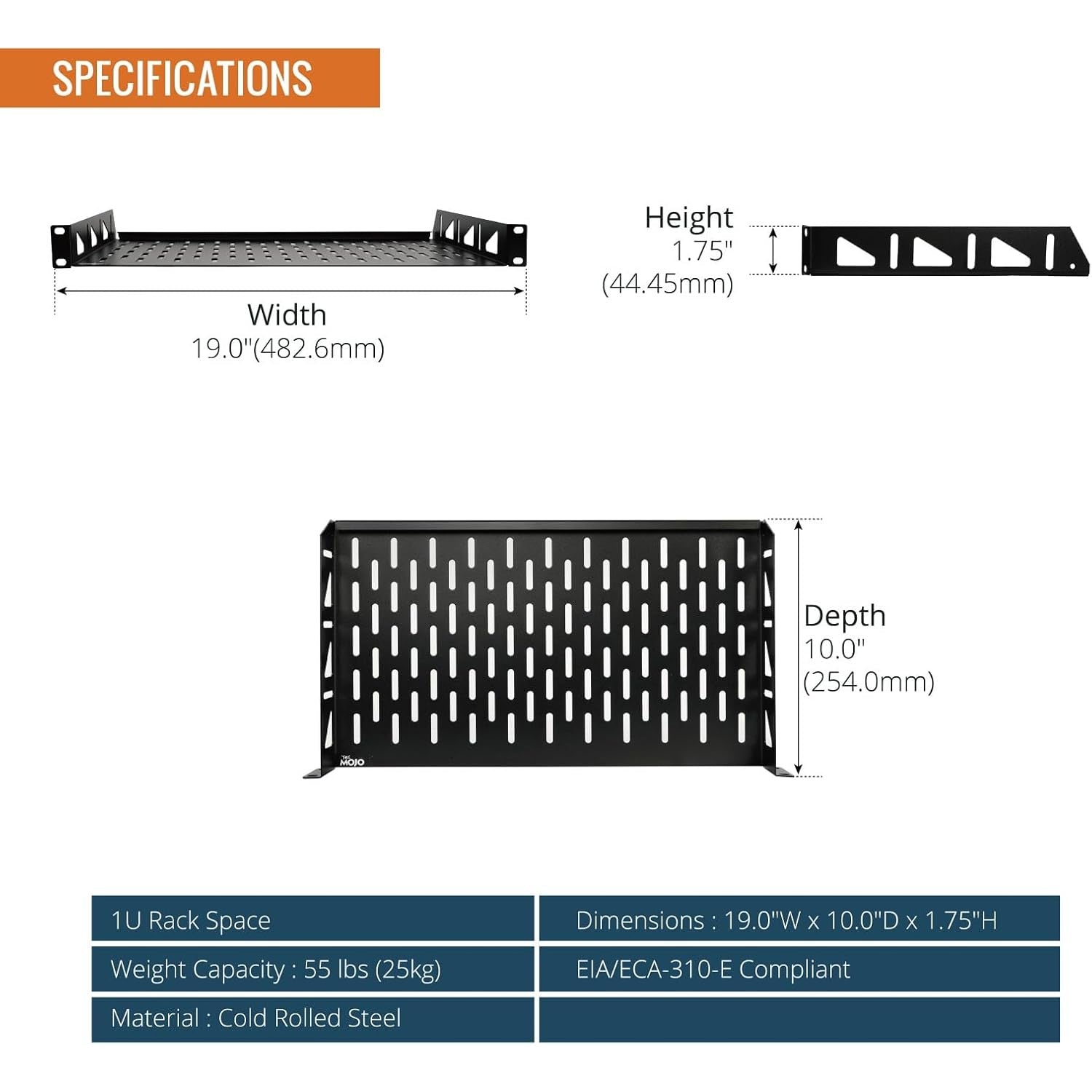 Tecmojo 1U Rack Shelf, Rack Mount Shelf with Anti-Slip Stops-254 mm Deep, Vented Cantilever Tray for 19 inch Server Racks & Cabinets, Good Air Circulation, Weight Capacity 25 kg/55lbs, 2 Pack, Black