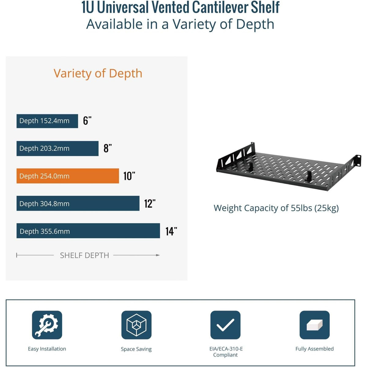 Tecmojo 1U Rack Shelf, Rack Mount Shelf with Anti-Slip Stops-254 mm Deep, Vented Cantilever Tray for 19 inch Server Racks & Cabinets, Good Air Circulation, Weight Capacity 25 kg/55lbs, 2 Pack, Black