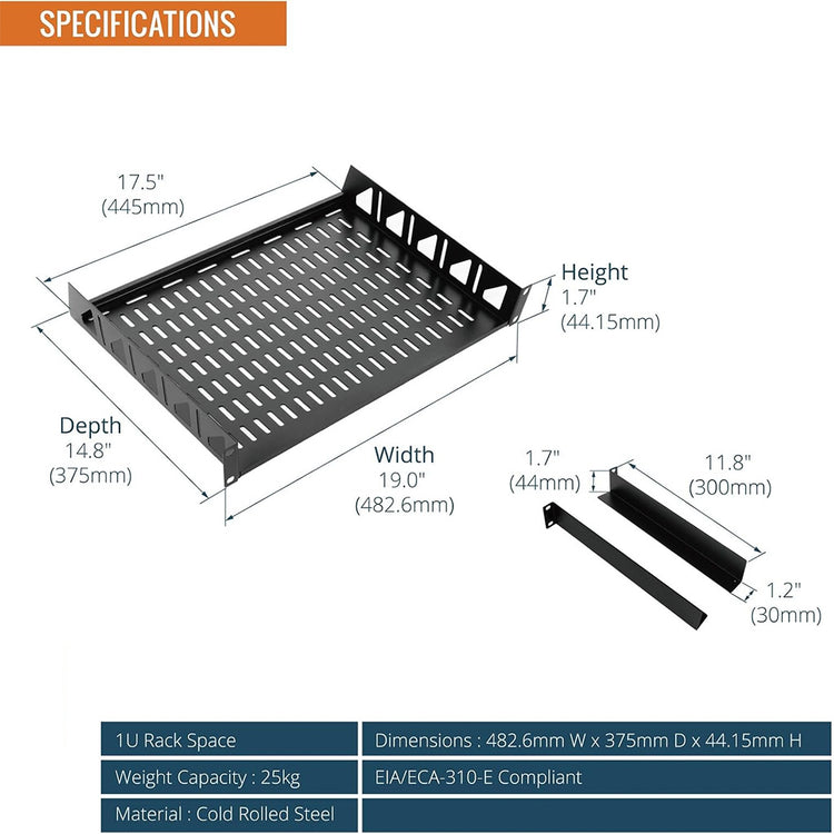 Tecmojo 1U Rack Shelf with Back Support,19 inch 375 mm Deep Vented Universal Cantilever Tray for 19 inch Server Racks & Network Cabinets, Good Air Circulation, Weight Capacity 25 kg / 55lbs, Black