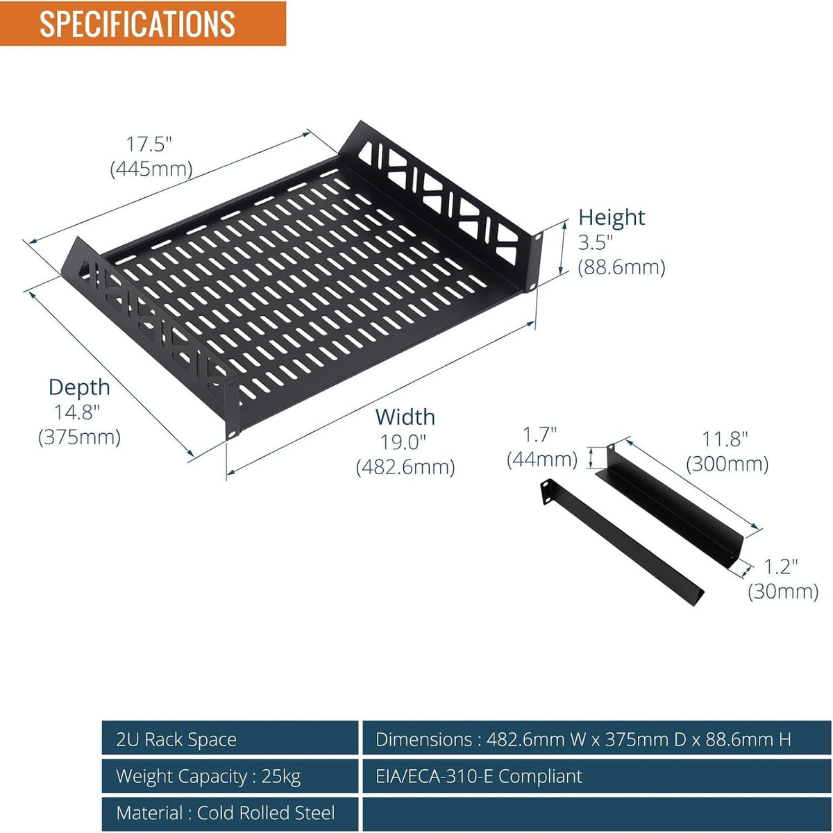 Tecmojo 2U Rack Shelf with Back Support,19 inch 375 mm Deep Vented Universal Cantilever Tray for 19 inch Server Racks & Network Cabinets, Good Air Circulation, Weight Capacity 25 kg / 55lbs, Black