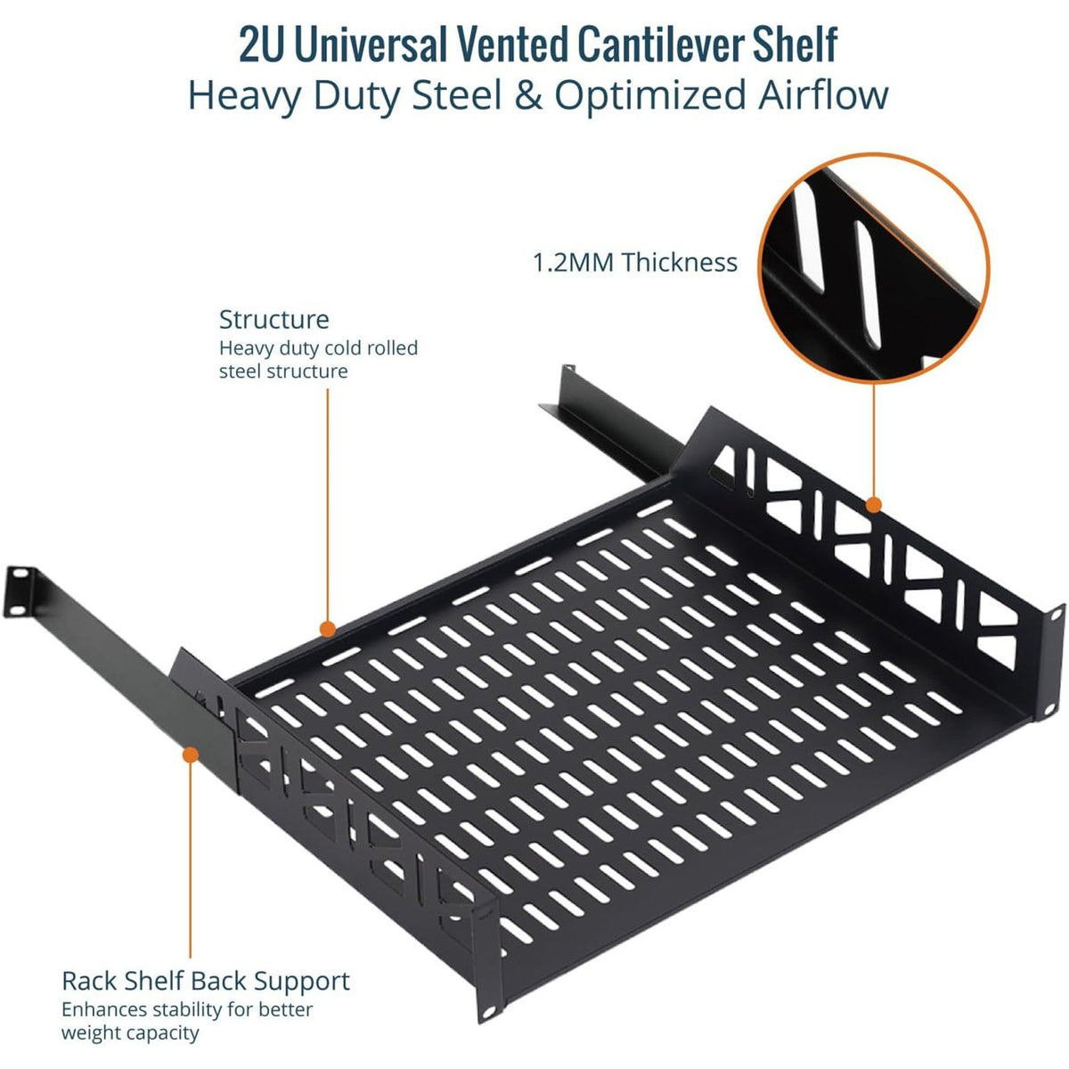 Tecmojo 2U Rack Shelf with Back Support,19 inch 375 mm Deep Vented Universal Cantilever Tray for 19 inch Server Racks & Network Cabinets, Good Air Circulation, Weight Capacity 25 kg / 55lbs, Black