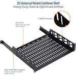Tecmojo 2U Rack Shelf with Back Support,19 inch 375 mm Deep Vented Universal Cantilever Tray for 19 inch Server Racks & Network Cabinets, Good Air Circulation, Weight Capacity 25 kg / 55lbs, Black