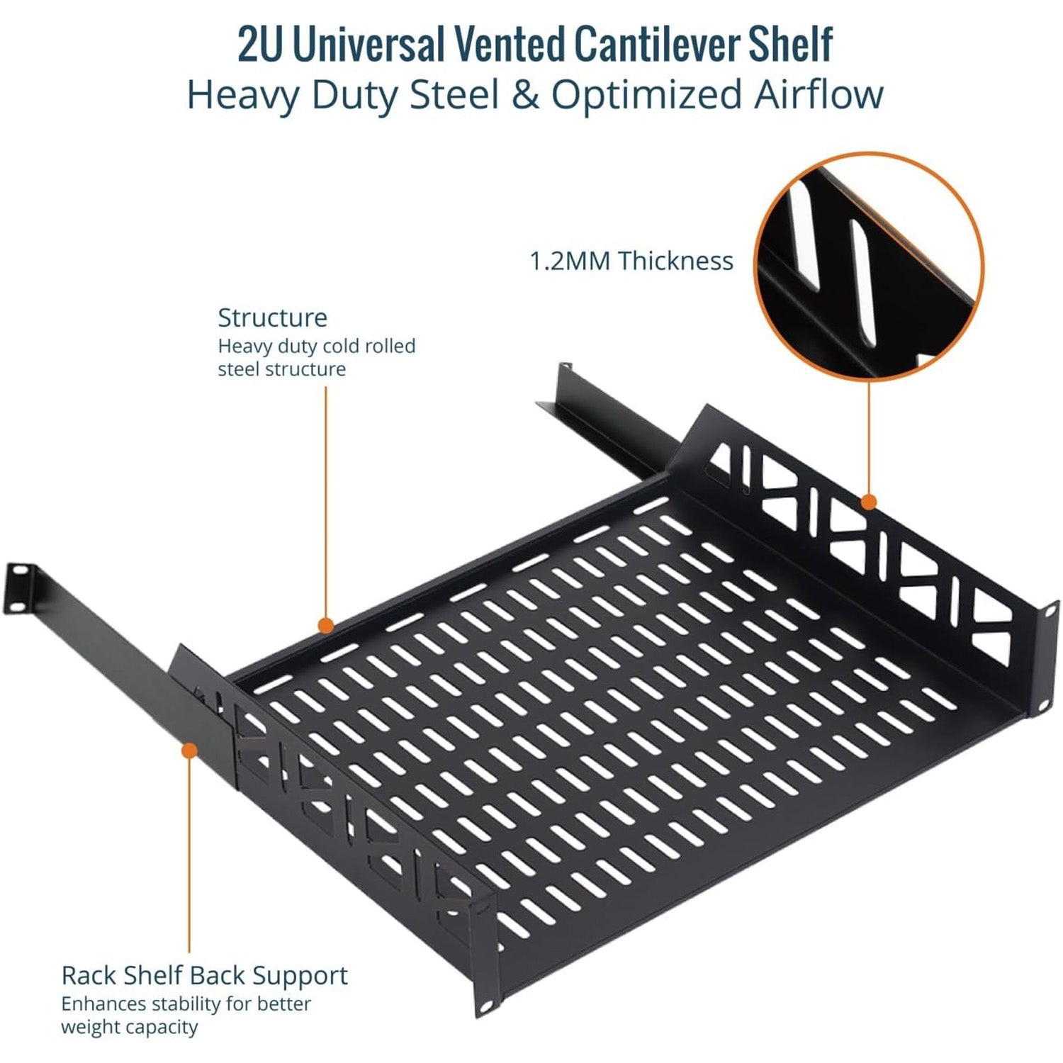 Tecmojo 2U Rack Shelf with Back Support,19 inch 375 mm Deep Vented Universal Cantilever Tray for 19 inch Server Racks & Network Cabinets, Good Air Circulation, Weight Capacity 25 kg / 55lbs, Black