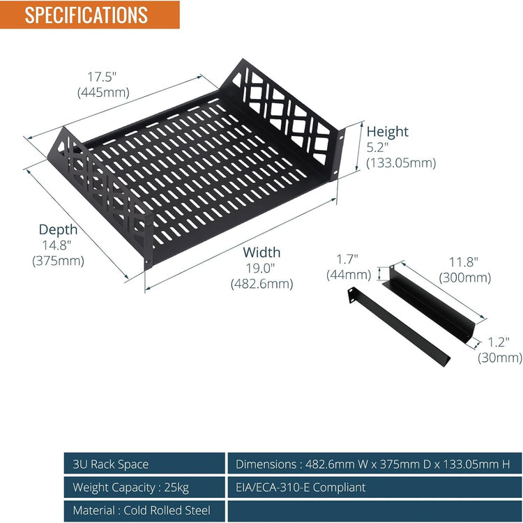 Tecmojo 3U Rack Shelf with Back Support,19 inch 375 mm Deep Vented Universal Cantilever Tray for 19 inch Server Racks & Network Cabinets, Good Air Circulation, Weight Capacity 25 kg / 55lbs, Black