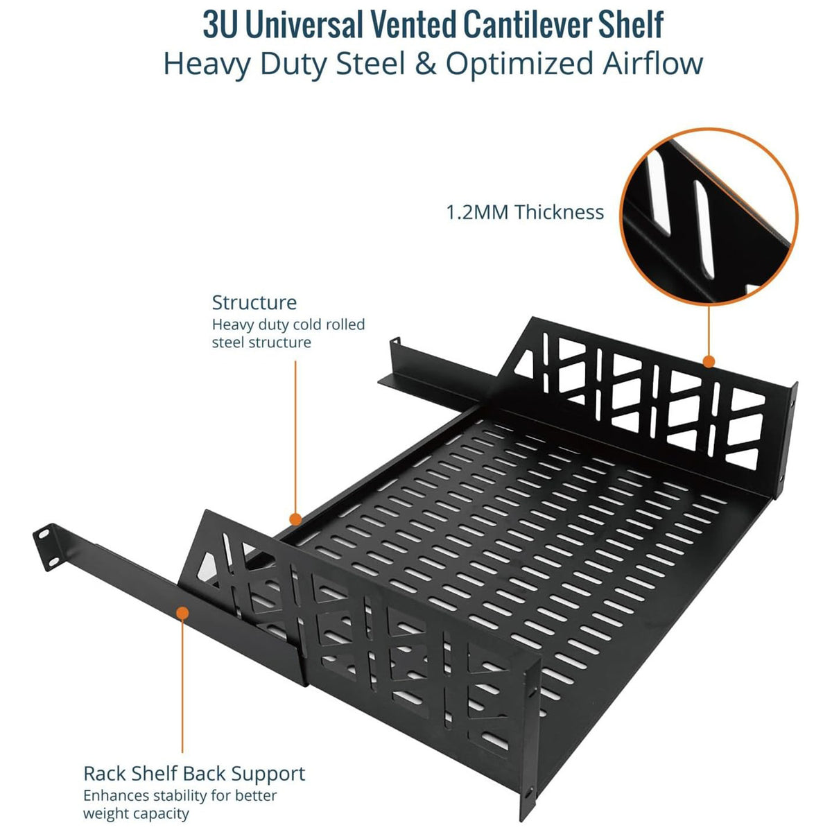 Tecmojo 3U Rack Shelf with Back Support,19 inch 375 mm Deep Vented Universal Cantilever Tray for 19 inch Server Racks & Network Cabinets, Good Air Circulation, Weight Capacity 25 kg / 55lbs, Black