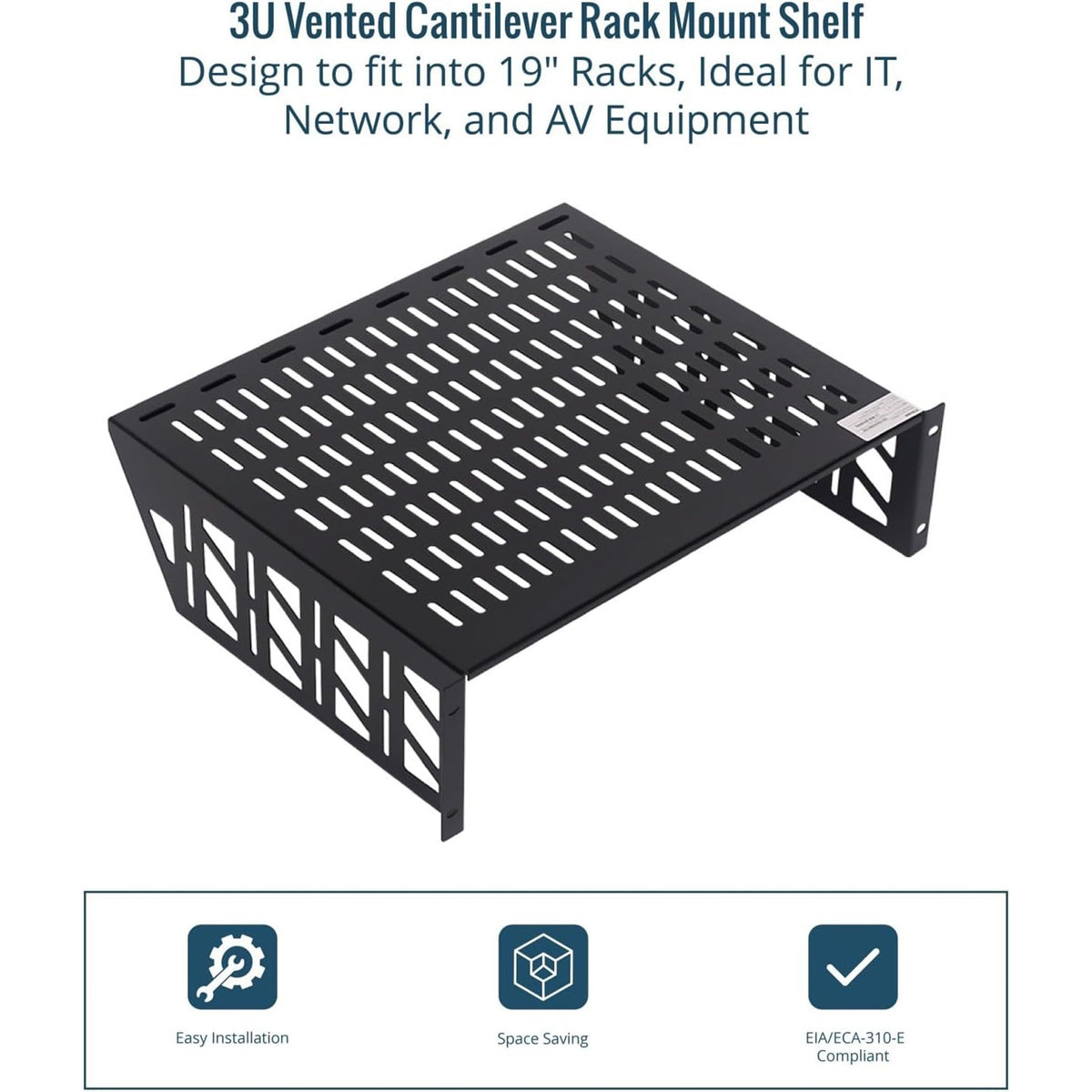 Tecmojo 3U Rack Shelf with Back Support,19 inch 375 mm Deep Vented Universal Cantilever Tray for 19 inch Server Racks & Network Cabinets, Good Air Circulation, Weight Capacity 25 kg / 55lbs, Black