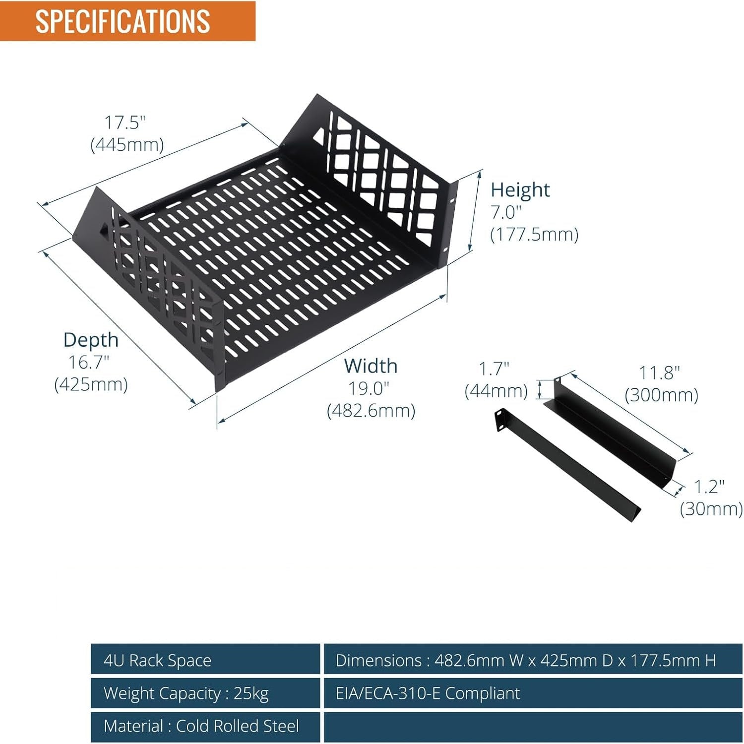 Tecmojo 4U Rack Shelf with Back Support,19 inch 425mm Deep Vented Universal Cantilever Tray for 19 inch Server Racks & Network Cabinets, Good Air Circulation, Weight Capacity 25 kg / 55lbs, Black