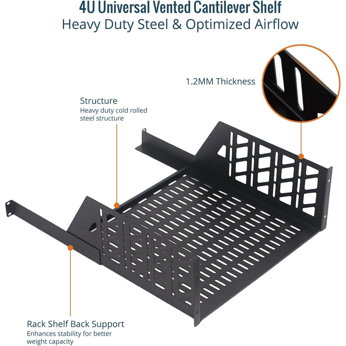 Tecmojo 4U Rack Shelf with Back Support,19 inch 425mm Deep Vented Universal Cantilever Tray for 19 inch Server Racks & Network Cabinets, Good Air Circulation, Weight Capacity 25 kg / 55lbs, Black