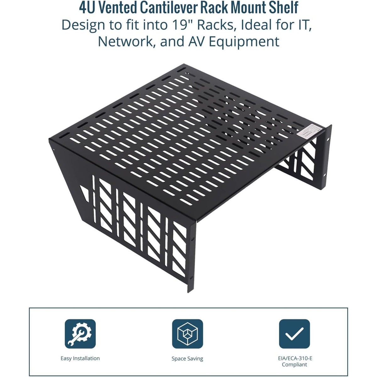 Tecmojo 4U Rack Shelf with Back Support,19 inch 425mm Deep Vented Universal Cantilever Tray for 19 inch Server Racks & Network Cabinets, Good Air Circulation, Weight Capacity 25 kg / 55lbs, Black