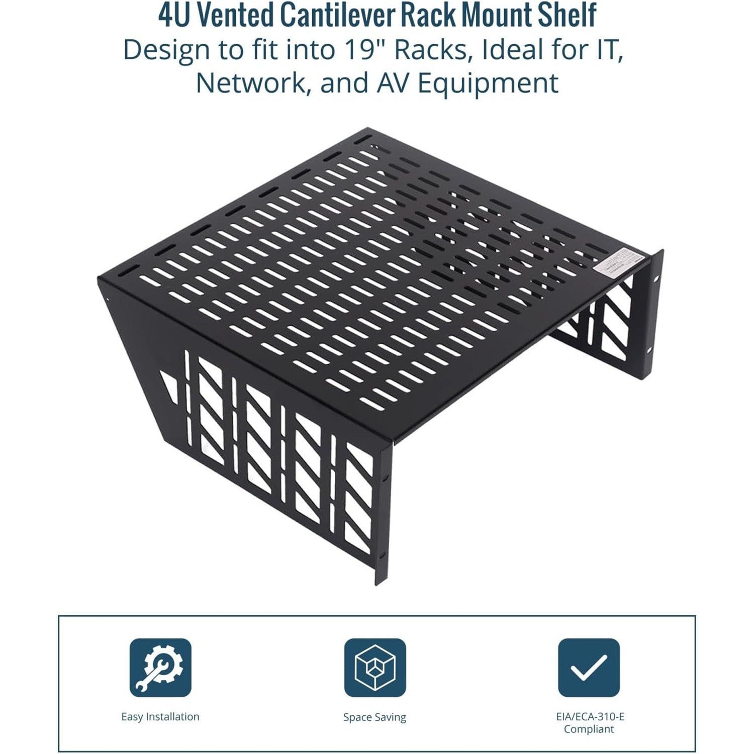 Tecmojo 4U Rack Shelf with Back Support,19 inch 425mm Deep Vented Universal Cantilever Tray for 19 inch Server Racks & Network Cabinets, Good Air Circulation, Weight Capacity 25 kg / 55lbs, Black