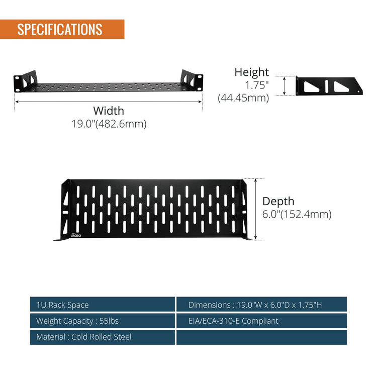 Tecmojo 1U 6 inch Depth Rack Shelf  with Anti-Slip Stops for 19 inch Equipment-55lbs Weight Capacity(2 Pack)